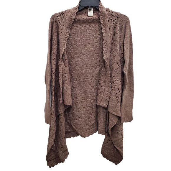 RW&CO Women's Taupe Wool Angora Crochet Knit‎ Open Lapel Waterfall Cardigan Sz M - Picture 1 of 5